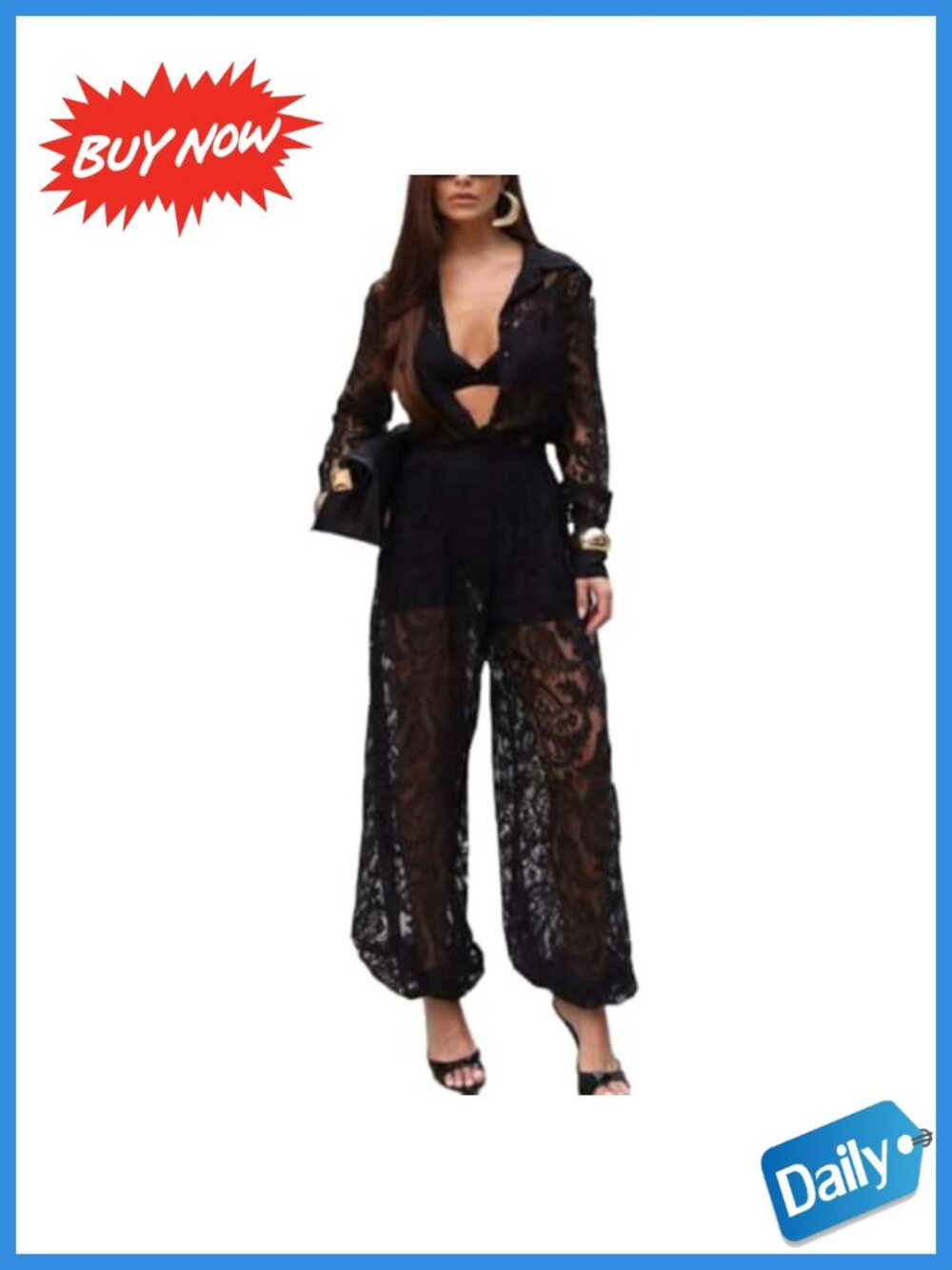 Lace See Through Two Piece Set Long Sleeve V Neck Top High Waist Pants